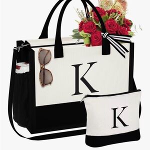 Black and White Monogram Tote Bag Set “letter K”